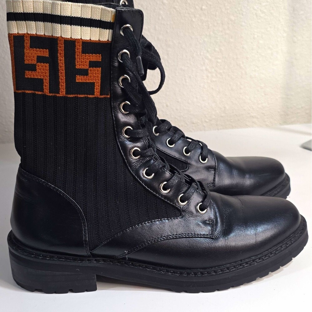Fendi Women’s Black Leather Combat Mid-Calf Lace Up Round Toe Boots 9.5